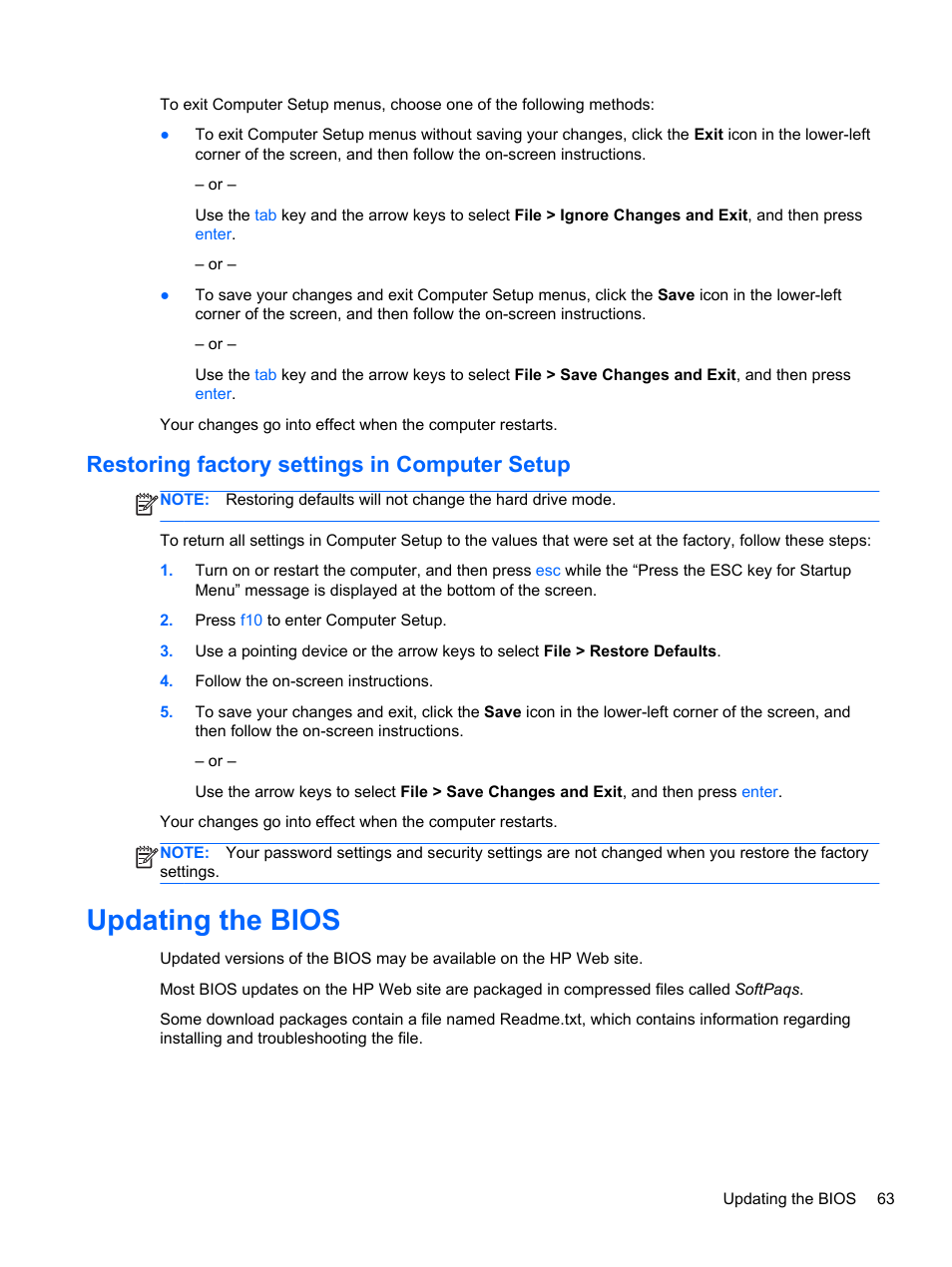Restoring factory settings in computer setup, Updating the bios | HP ProBook 440 G0 Notebook PC User Manual | Page 73 / 93
