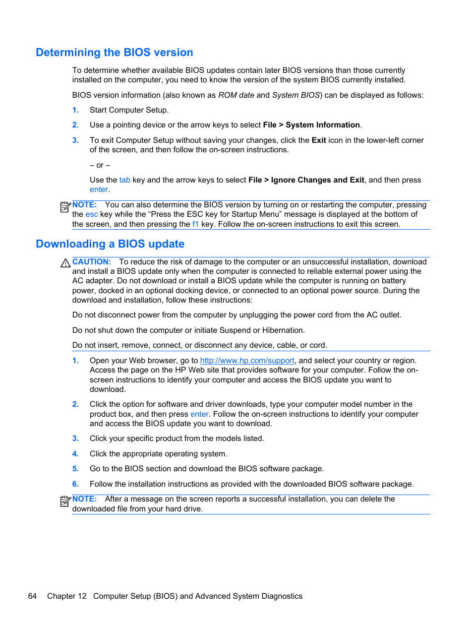 Determining the bios version, Downloading a bios update | HP ProBook 440 G0 Notebook PC User Manual | Page 74 / 93