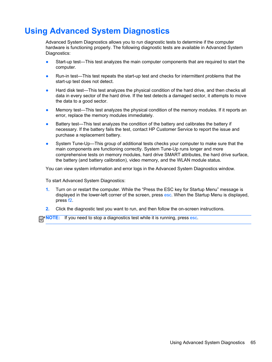 Using advanced system diagnostics | HP ProBook 440 G0 Notebook PC User Manual | Page 75 / 93