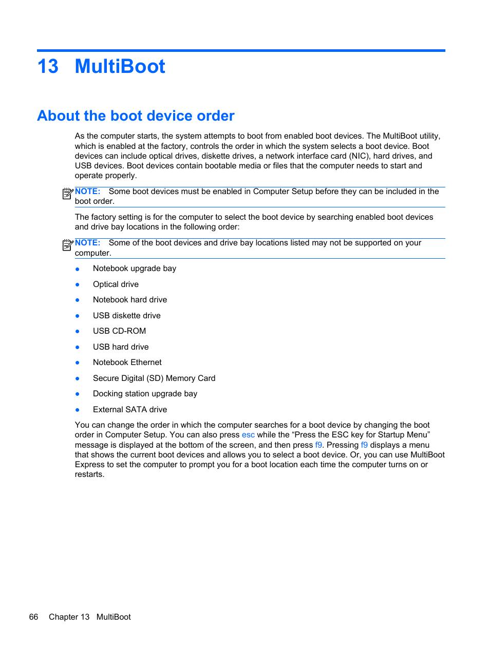 Multiboot, About the boot device order, 13 multiboot | HP ProBook 440 G0 Notebook PC User Manual | Page 76 / 93