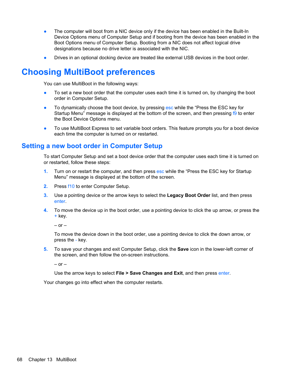 Choosing multiboot preferences, Setting a new boot order in computer setup | HP ProBook 440 G0 Notebook PC User Manual | Page 78 / 93