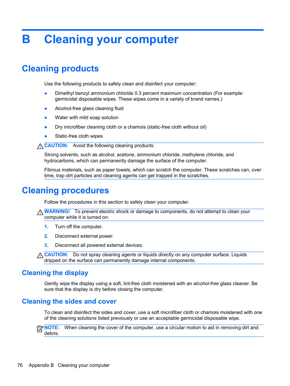 Cleaning your computer, Cleaning products, Cleaning procedures | Cleaning the display, Cleaning the sides and cover, Appendix b cleaning your computer, Cleaning products cleaning procedures, Cleaning the display cleaning the sides and cover, Bcleaning your computer | HP ProBook 440 G0 Notebook PC User Manual | Page 86 / 93