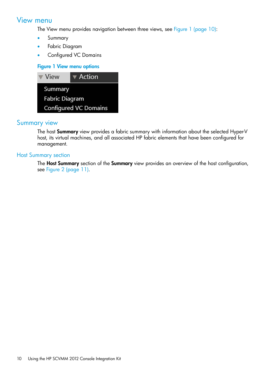 View menu, Summary view, Host summary section | HP OneView for Microsoft System Center User Manual | Page 10 / 35