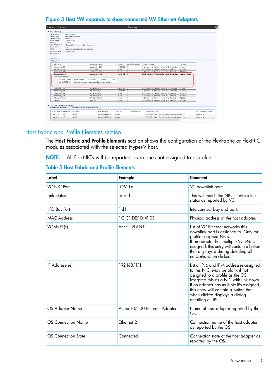 Host fabric and profile elements section | HP OneView for Microsoft System Center User Manual | Page 13 / 35