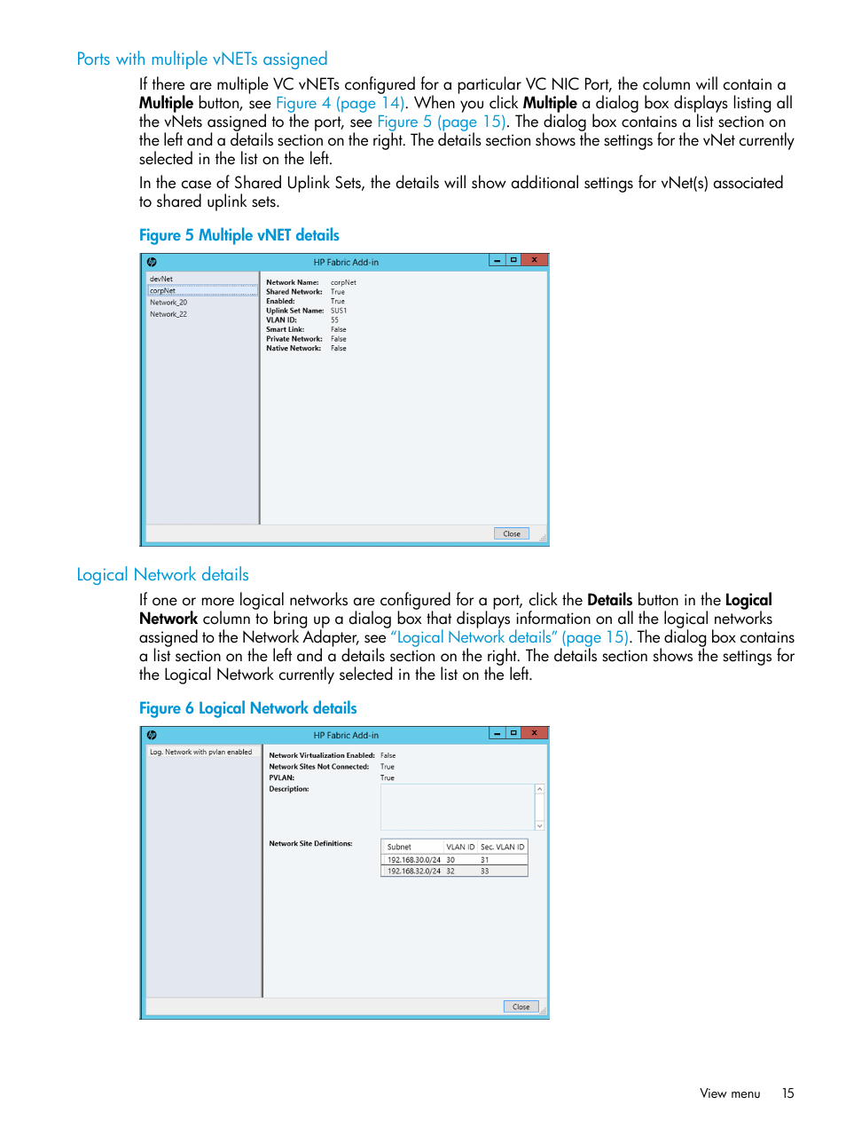 Ports with multiple vnets assigned, Logical network details | HP OneView for Microsoft System Center User Manual | Page 15 / 35