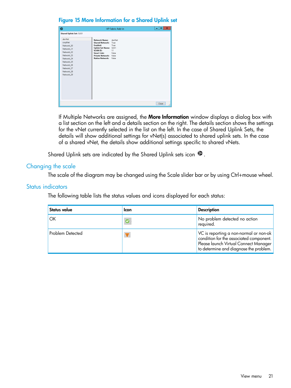 Changing the scale, Status indicators, Changing the scale status indicators | HP OneView for Microsoft System Center User Manual | Page 21 / 35