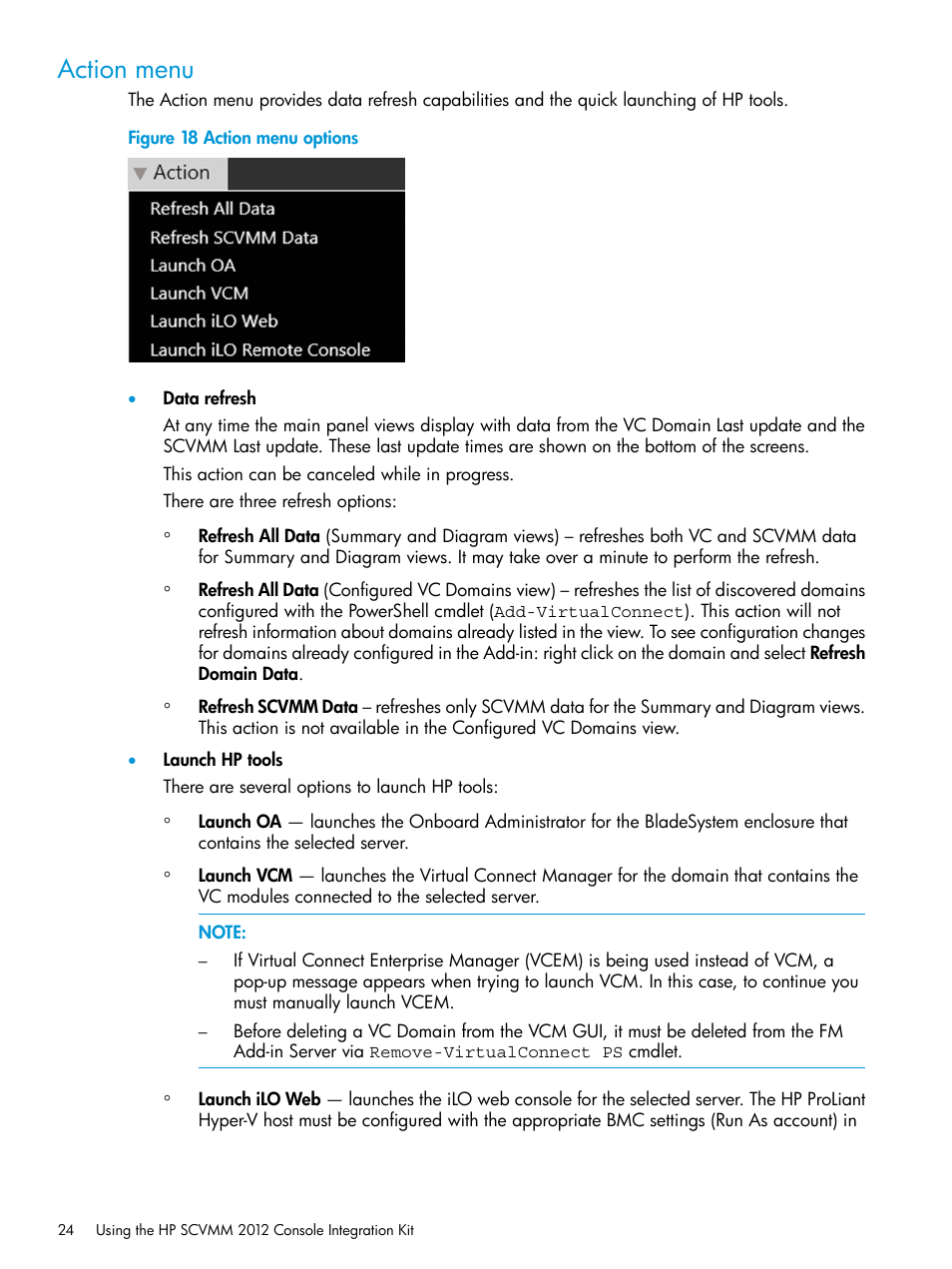 Action menu | HP OneView for Microsoft System Center User Manual | Page 24 / 35