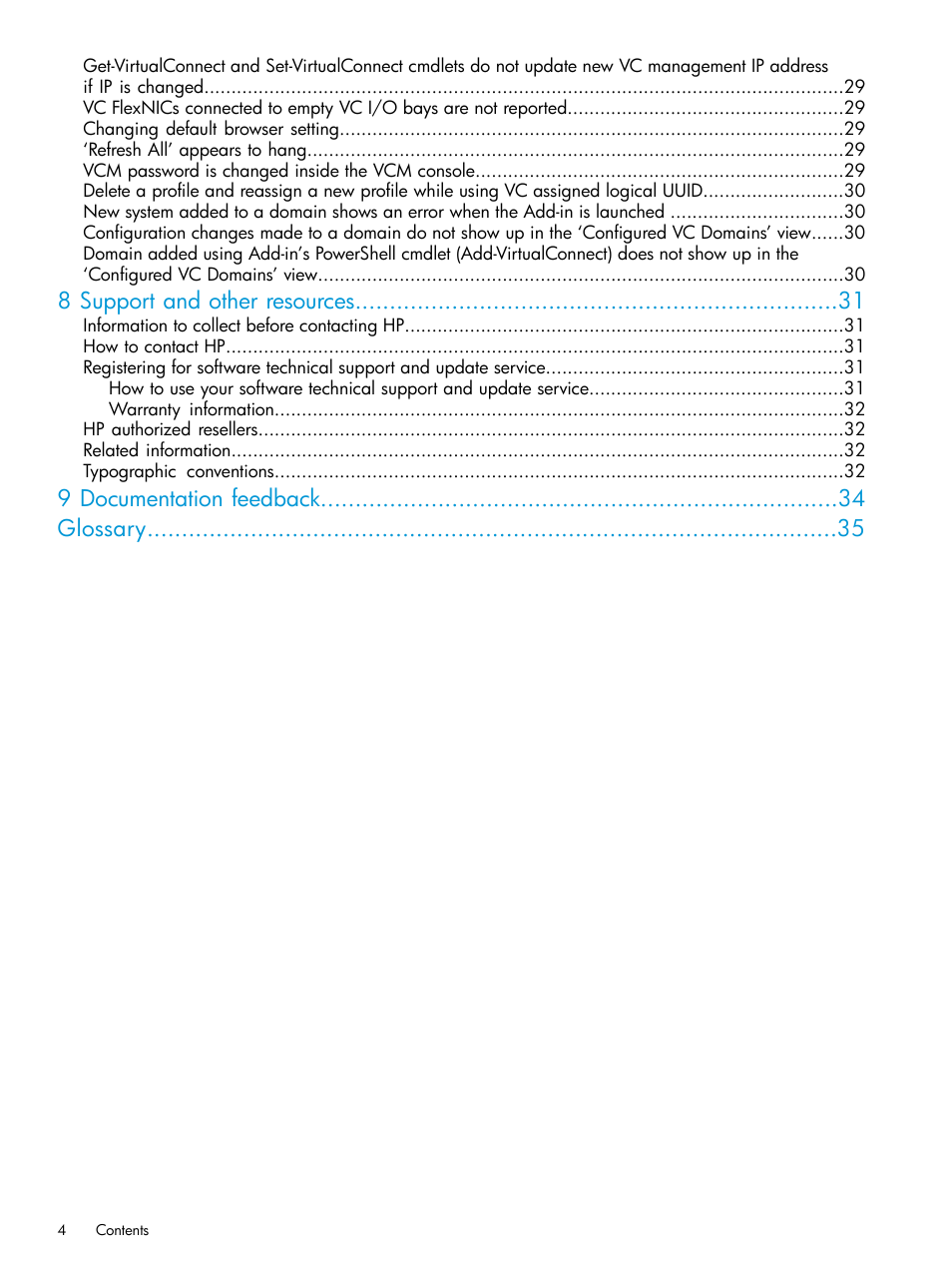 8 support and other resources, 9 documentation feedback glossary | HP OneView for Microsoft System Center User Manual | Page 4 / 35