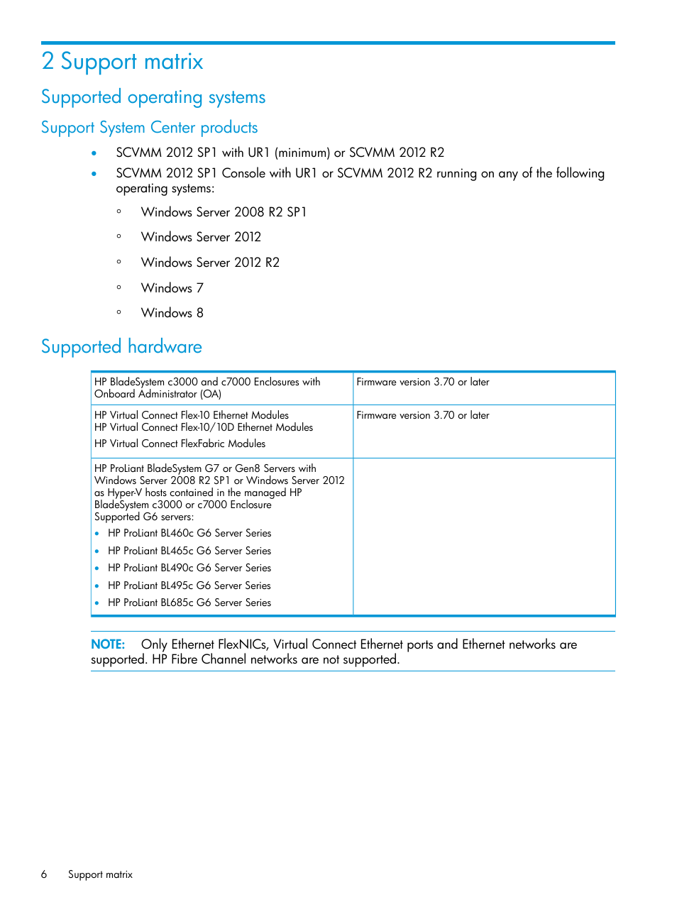 2 support matrix, Supported operating systems, Support system center products | Supported hardware | HP OneView for Microsoft System Center User Manual | Page 6 / 35