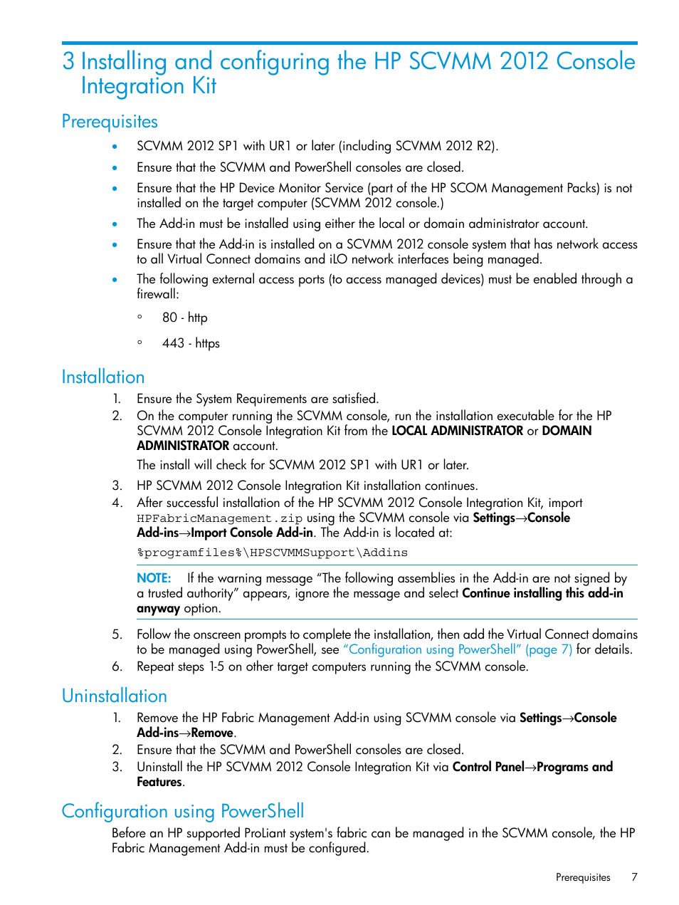 Prerequisites, Installation, Uninstallation | Configuration using powershell | HP OneView for Microsoft System Center User Manual | Page 7 / 35