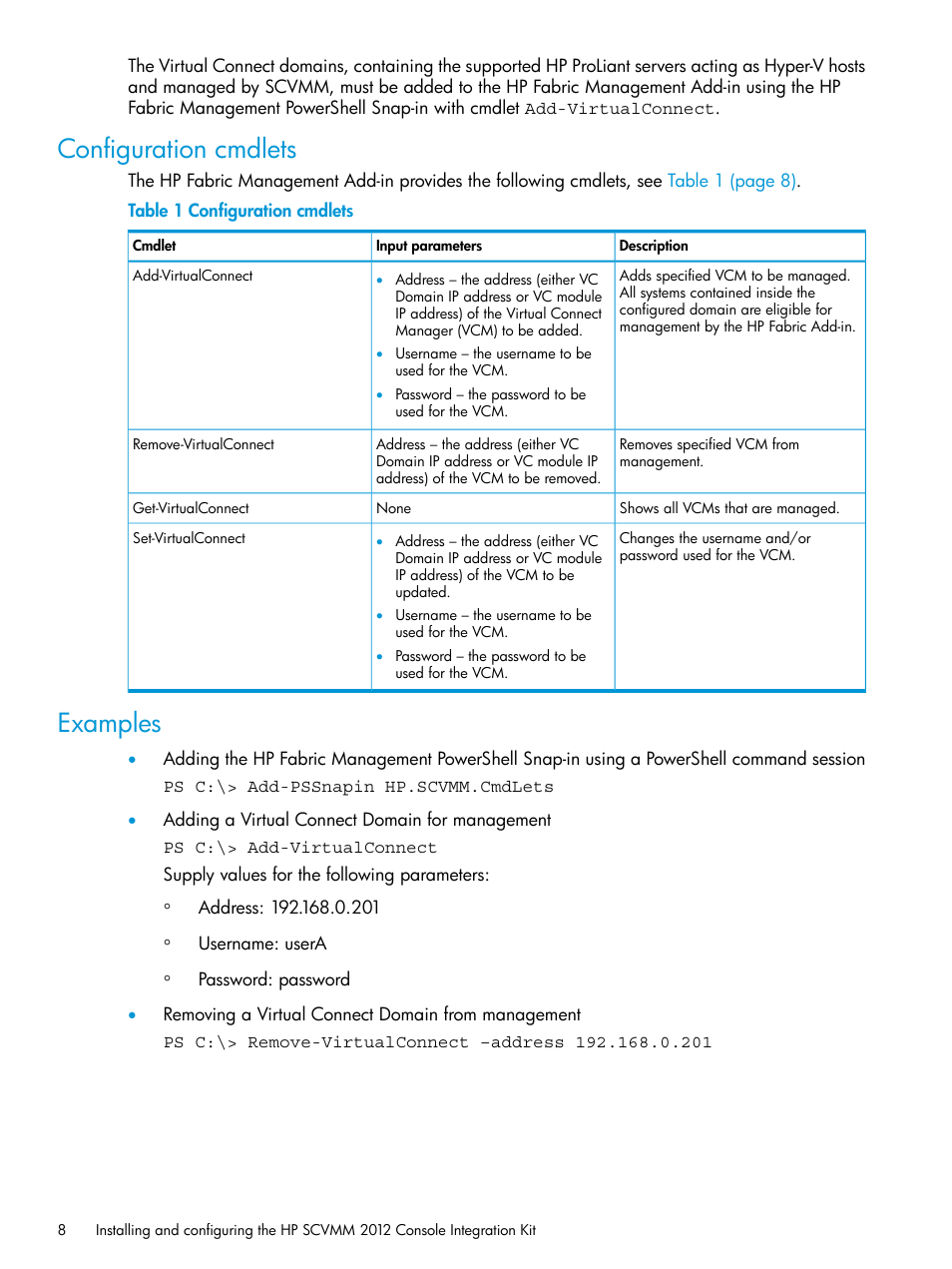 Configuration cmdlets, Examples, Configuration cmdlets examples | HP OneView for Microsoft System Center User Manual | Page 8 / 35