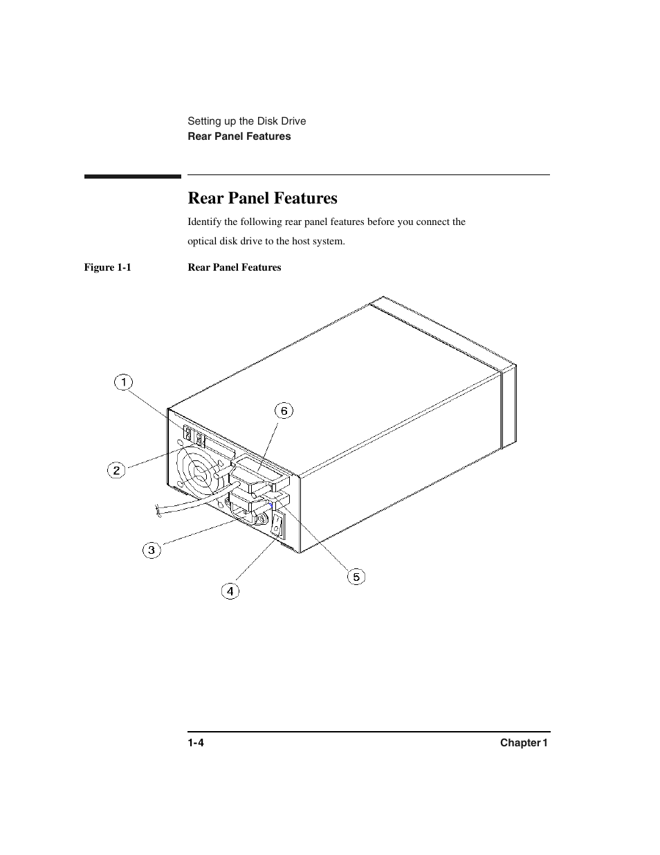 Rear panel features, Rear panel features -4, Figure 1-1 . rear panel features -4 | HP Optical Jukeboxes User Manual | Page 16 / 77