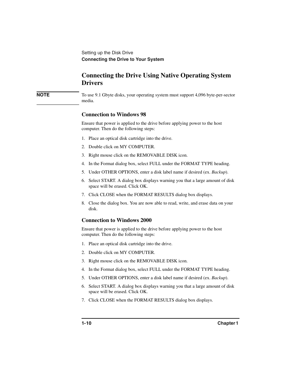 Connection to windows 98, Connection to windows 2000 | HP Optical Jukeboxes User Manual | Page 22 / 77