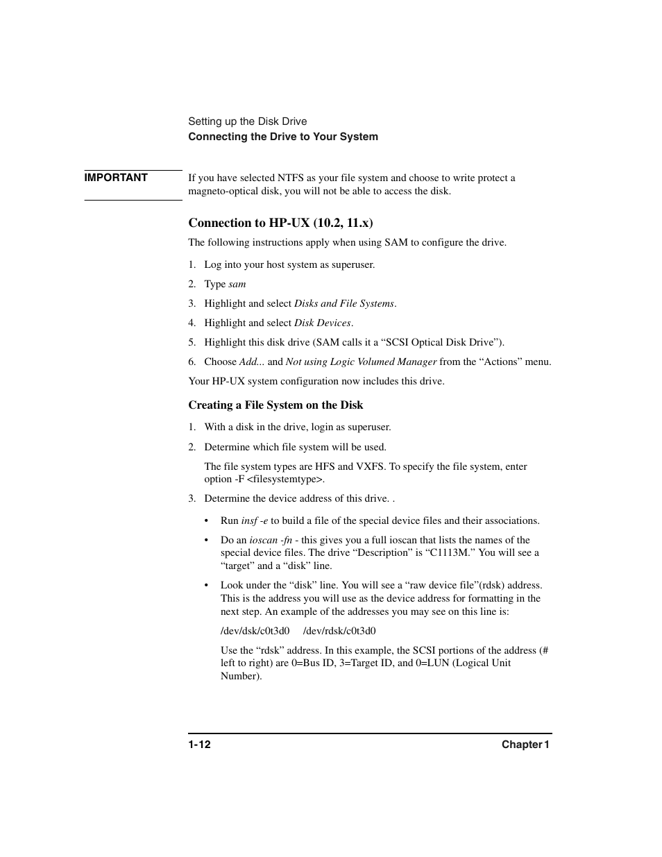 Connection to hp-ux (10.2, 11.x), Creating a file system on the disk | HP Optical Jukeboxes User Manual | Page 24 / 77