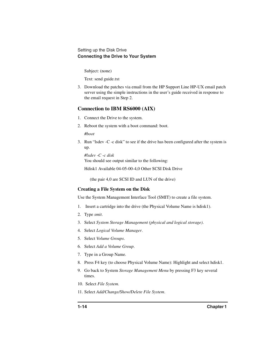 Connection to ibm rs6000 (aix), Creating a file system on the disk | HP Optical Jukeboxes User Manual | Page 26 / 77