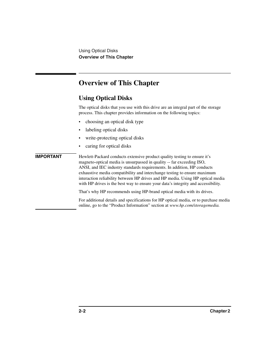 Overview of this chapter, Using optical disks, Overview of this chapter -2 | Using optical disks -2 | HP Optical Jukeboxes User Manual | Page 30 / 77