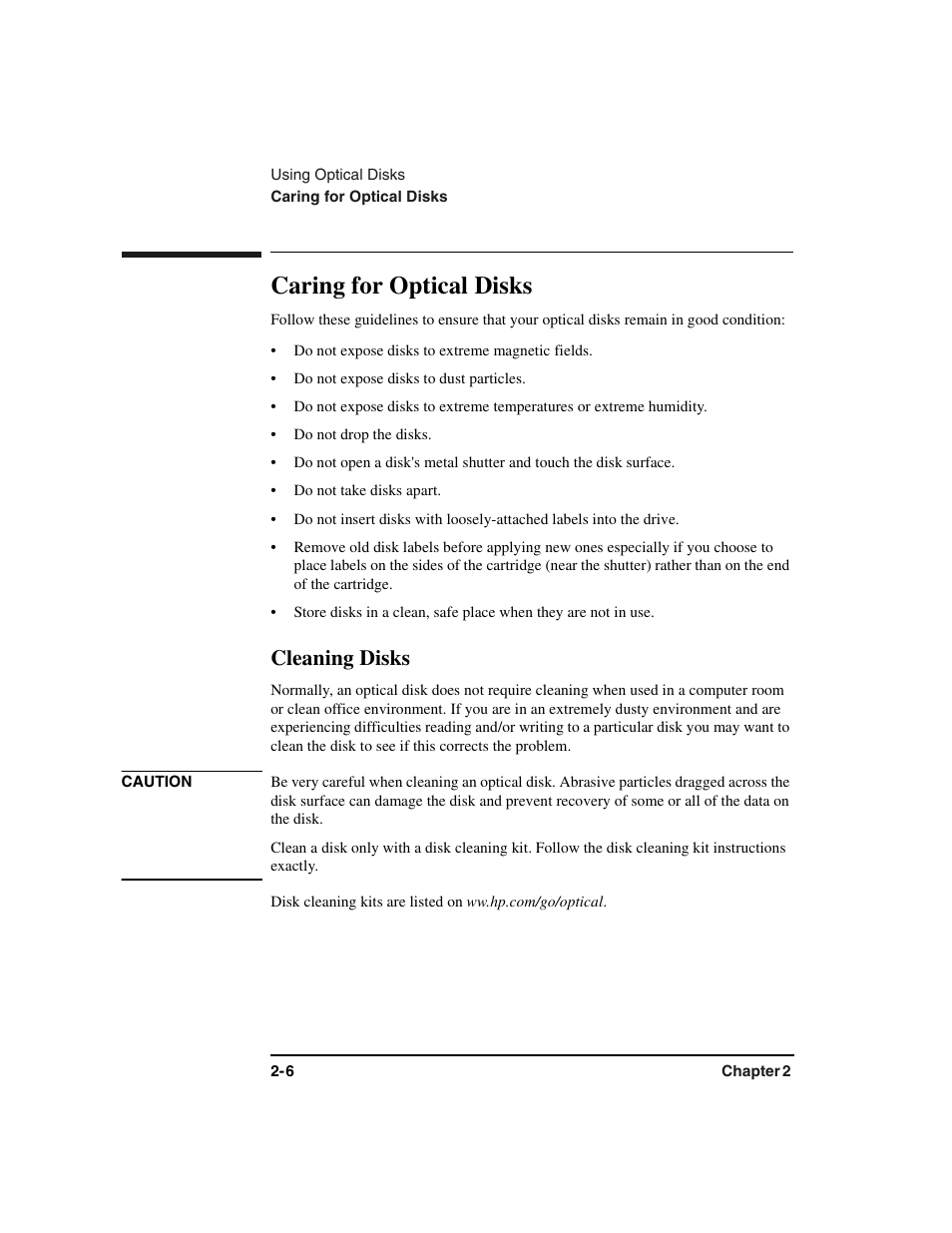 Caring for optical disks, Cleaning disks, Caring for optical disks -6 | Cleaning disks -6 | HP Optical Jukeboxes User Manual | Page 34 / 77