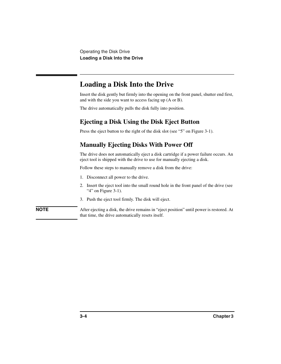 Loading a disk into the drive, Ejecting a disk using the disk eject button, Manually ejecting disks with power off | Loading a disk into the drive -4, Ejecting a disk using the disk eject button -4, Manually ejecting disks with power off -4 | HP Optical Jukeboxes User Manual | Page 38 / 77