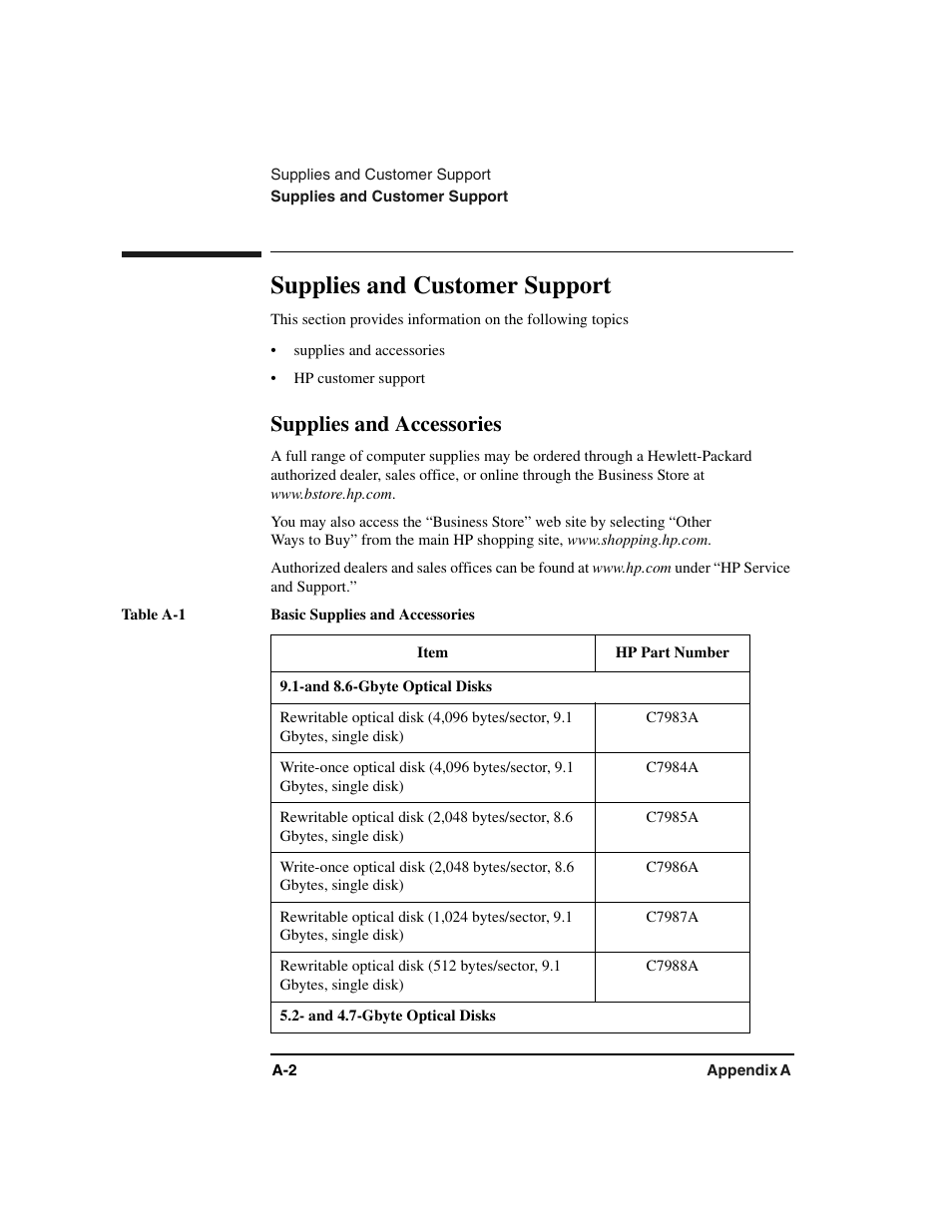 Supplies and customer support, Supplies and accessories | HP Optical Jukeboxes User Manual | Page 48 / 77