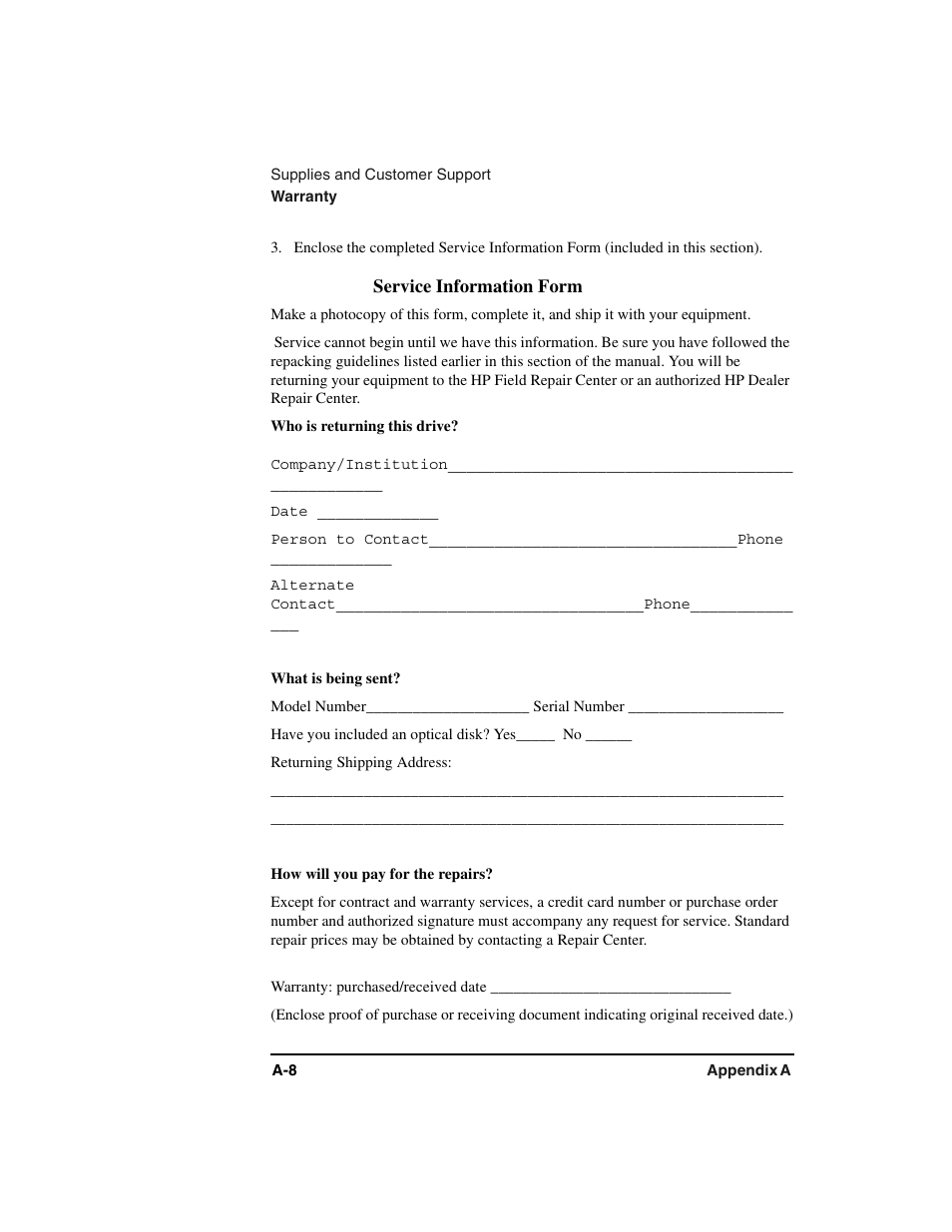Service information form | HP Optical Jukeboxes User Manual | Page 54 / 77