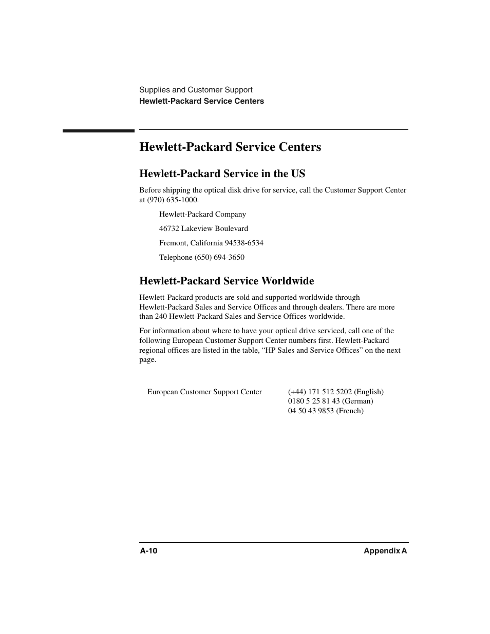 Hewlett-packard service centers, Hewlett-packard service in the us, Hewlett-packard service worldwide | HP Optical Jukeboxes User Manual | Page 56 / 77