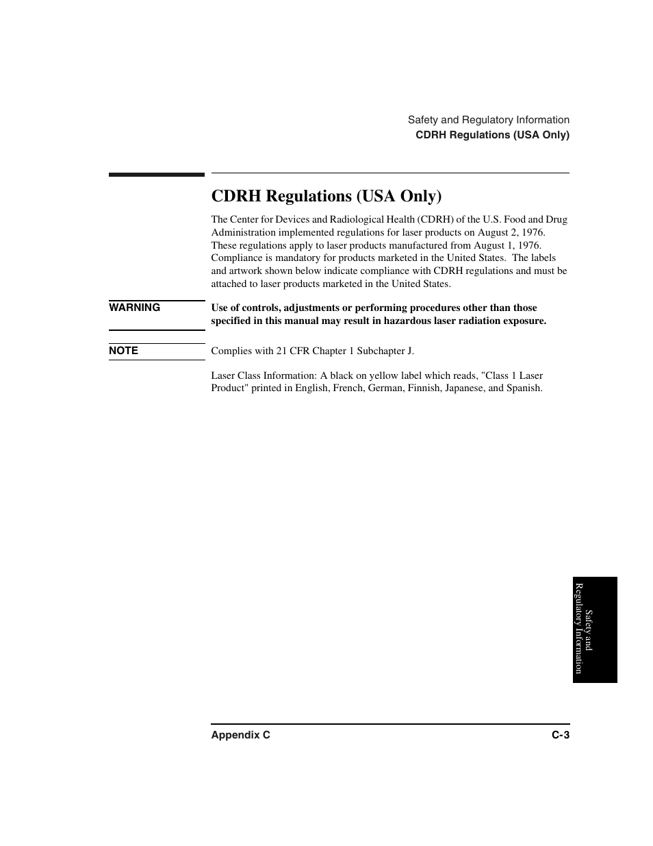 Cdrh regulations (usa only) | HP Optical Jukeboxes User Manual | Page 67 / 77