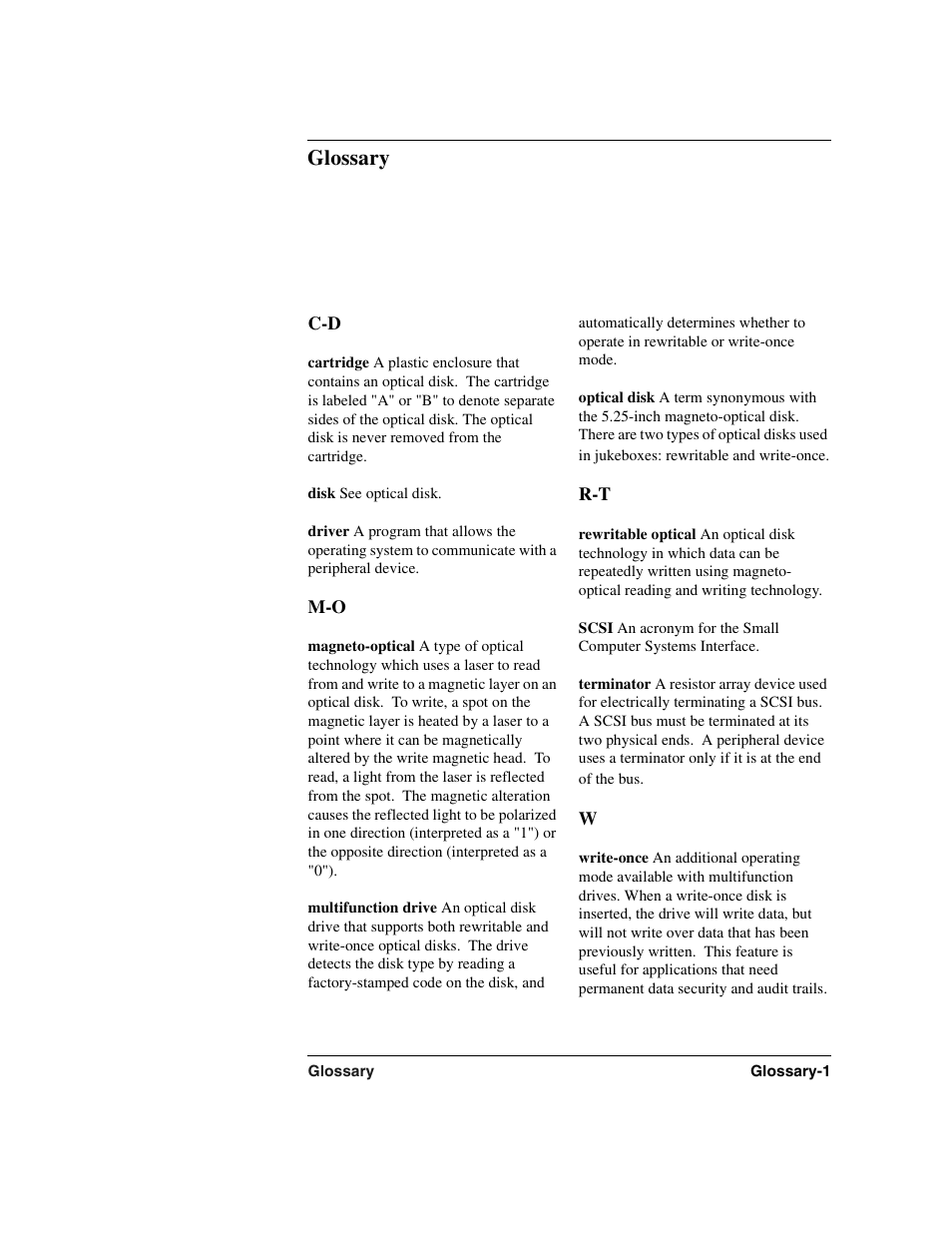 Glossary, Cartridge, Disk | See optical disk, Driver, Magneto-optical, Multifunction drive, Optical disk, Rewritable optical, Scsi | HP Optical Jukeboxes User Manual | Page 75 / 77