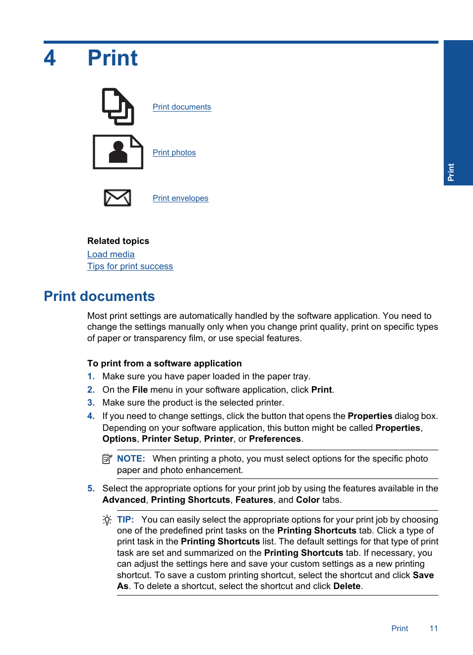 Print, 4 print, 4print | Print documents | HP Photosmart Wireless e-All-in-One Printer - B110e User Manual | Page 13 / 56