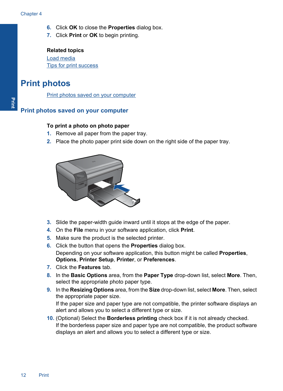 Print photos | HP Photosmart Wireless e-All-in-One Printer - B110e User Manual | Page 14 / 56