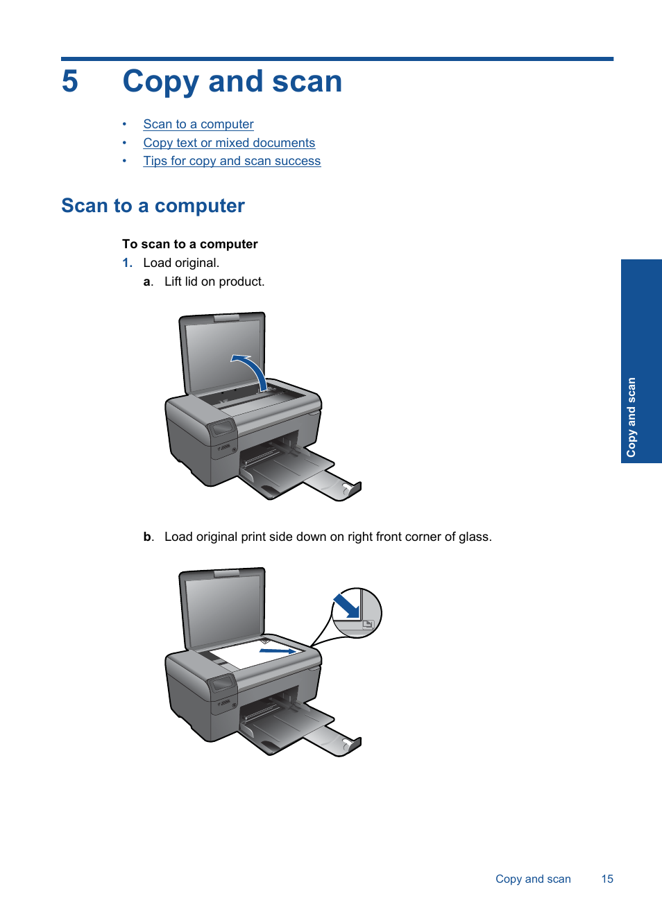 Copy and scan, Scan to a computer, 5 copy and scan | 5copy and scan | HP Photosmart Wireless e-All-in-One Printer - B110e User Manual | Page 17 / 56