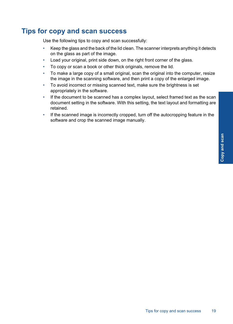 Tips for copy and scan success | HP Photosmart Wireless e-All-in-One Printer - B110e User Manual | Page 21 / 56