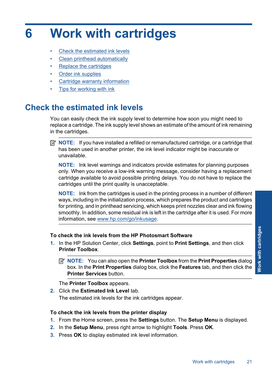 Work with cartridges, Check the estimated ink levels, 6 work with cartridges | 6work with cartridges | HP Photosmart Wireless e-All-in-One Printer - B110e User Manual | Page 23 / 56