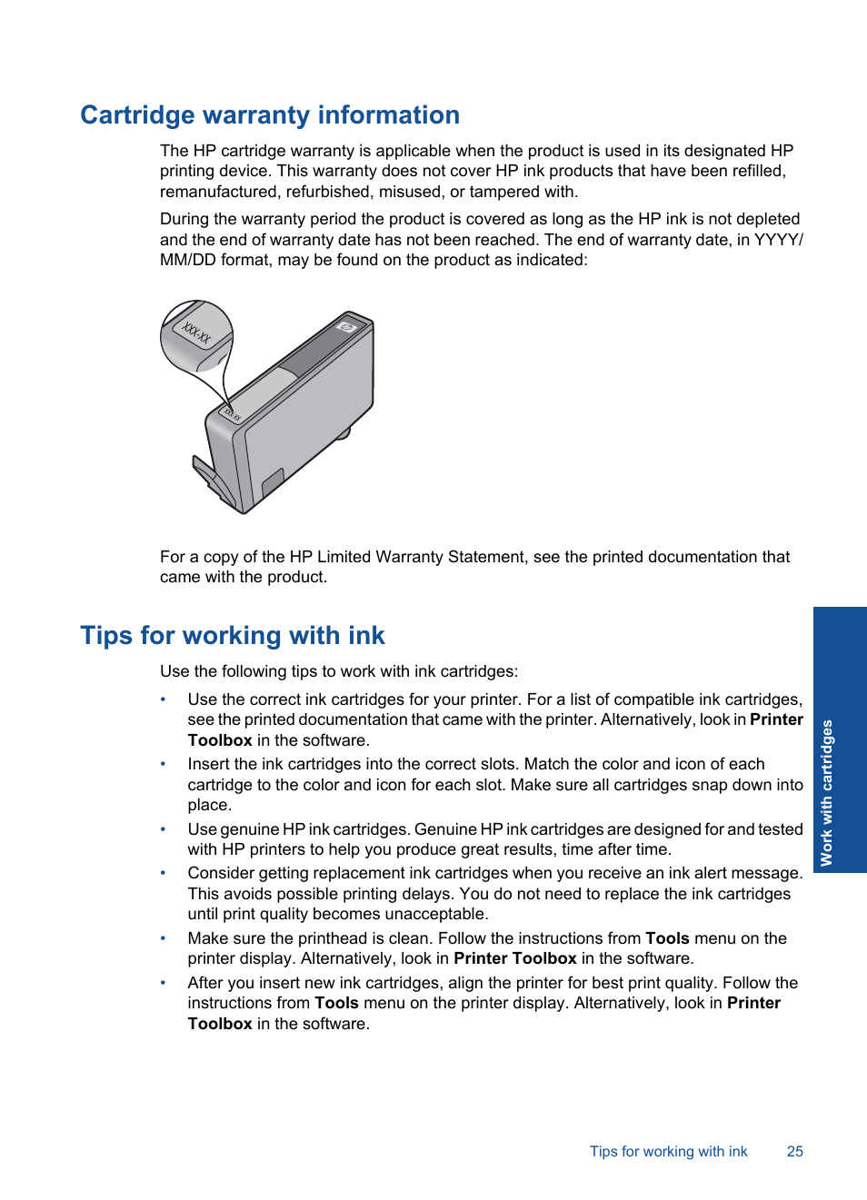 Cartridge warranty information, Tips for working with ink | HP Photosmart Wireless e-All-in-One Printer - B110e User Manual | Page 27 / 56