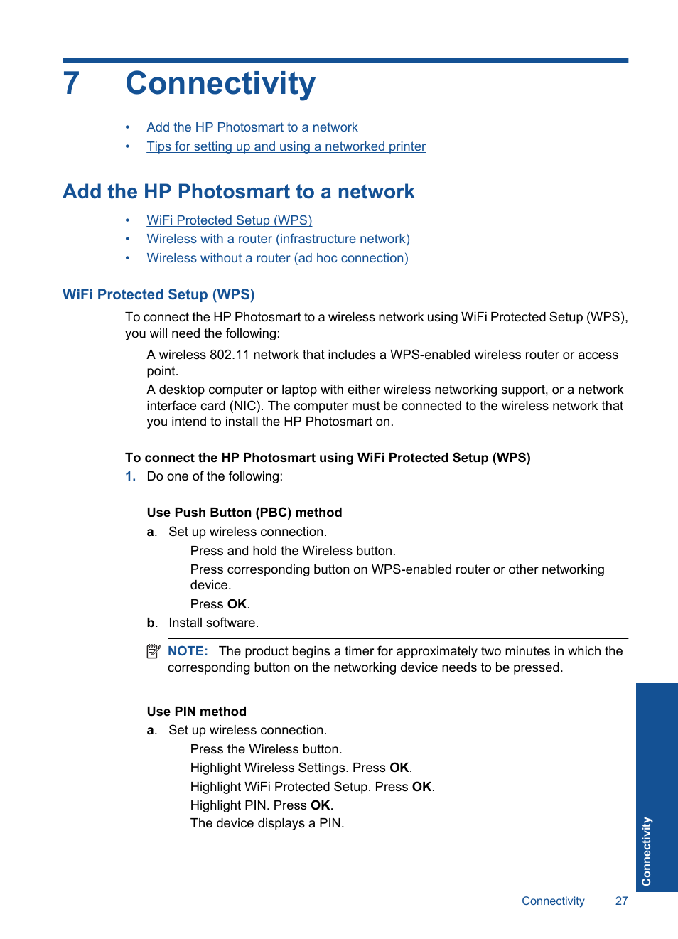 Connectivity, Add the hp photosmart to a network, 7 connectivity | 7connectivity | HP Photosmart Wireless e-All-in-One Printer - B110e User Manual | Page 29 / 56