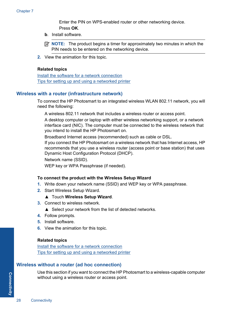 Wireless with a router (infrastructure network), Wireless without a router (ad hoc connection) | HP Photosmart Wireless e-All-in-One Printer - B110e User Manual | Page 30 / 56