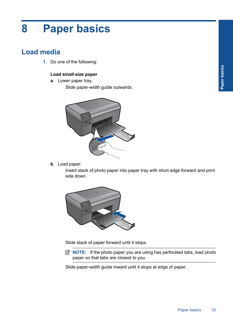 Load media, 8paper basics | HP Photosmart Wireless e-All-in-One Printer - B110e User Manual | Page 35 / 56