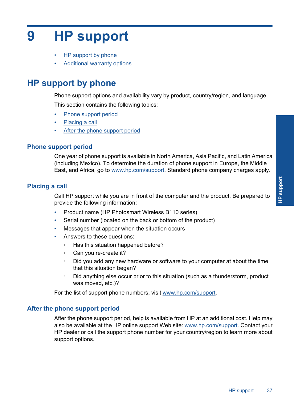 Hp support, Hp support by phone, Phone support period | Placing a call, After the phone support period, 9 hp support, 9hp support | HP Photosmart Wireless e-All-in-One Printer - B110e User Manual | Page 39 / 56