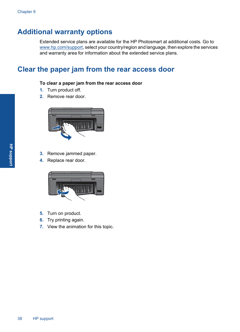 Additional warranty options, Clear the paper jam from the rear access door | HP Photosmart Wireless e-All-in-One Printer - B110e User Manual | Page 40 / 56