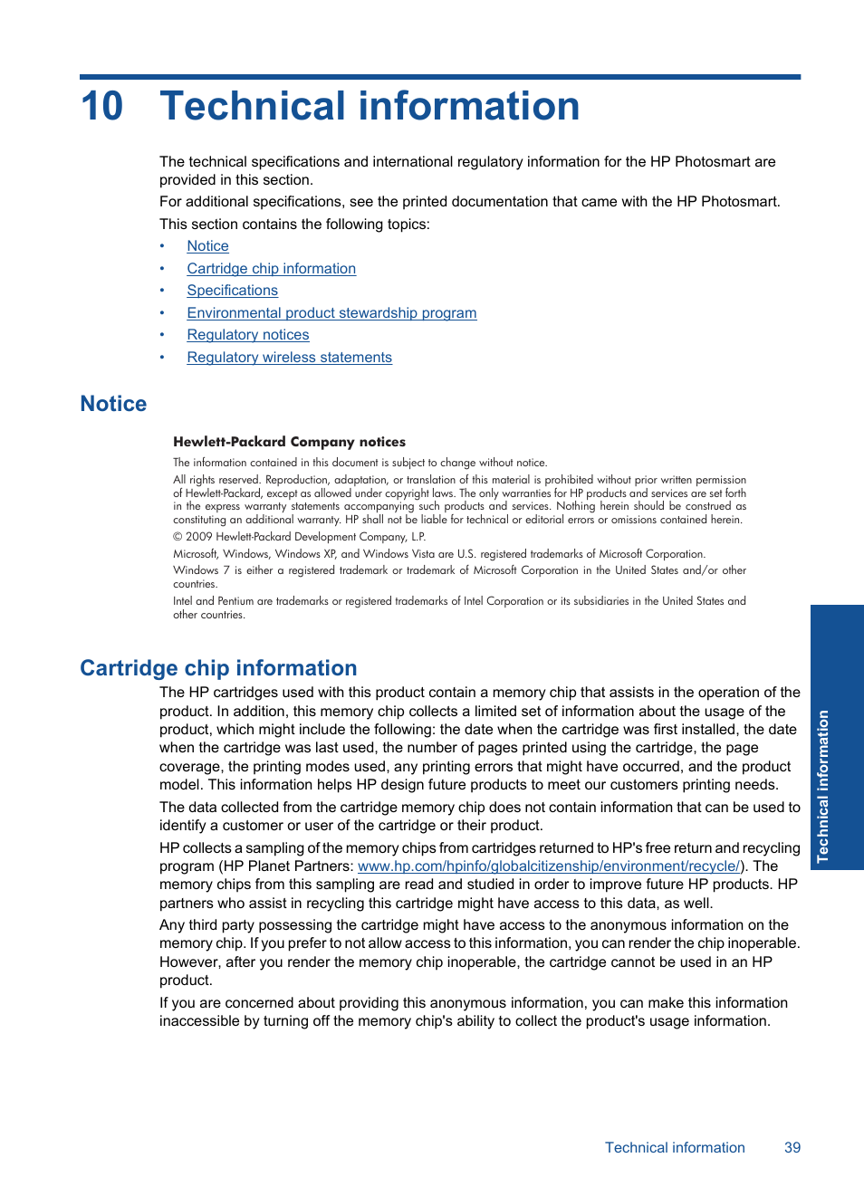 Technical information, Notice, Cartridge chip information | 10 technical information, Notice cartridge chip information | HP Photosmart Wireless e-All-in-One Printer - B110e User Manual | Page 41 / 56