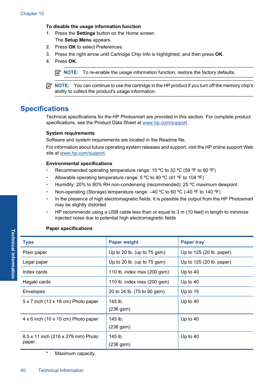 Specifications | HP Photosmart Wireless e-All-in-One Printer - B110e User Manual | Page 42 / 56
