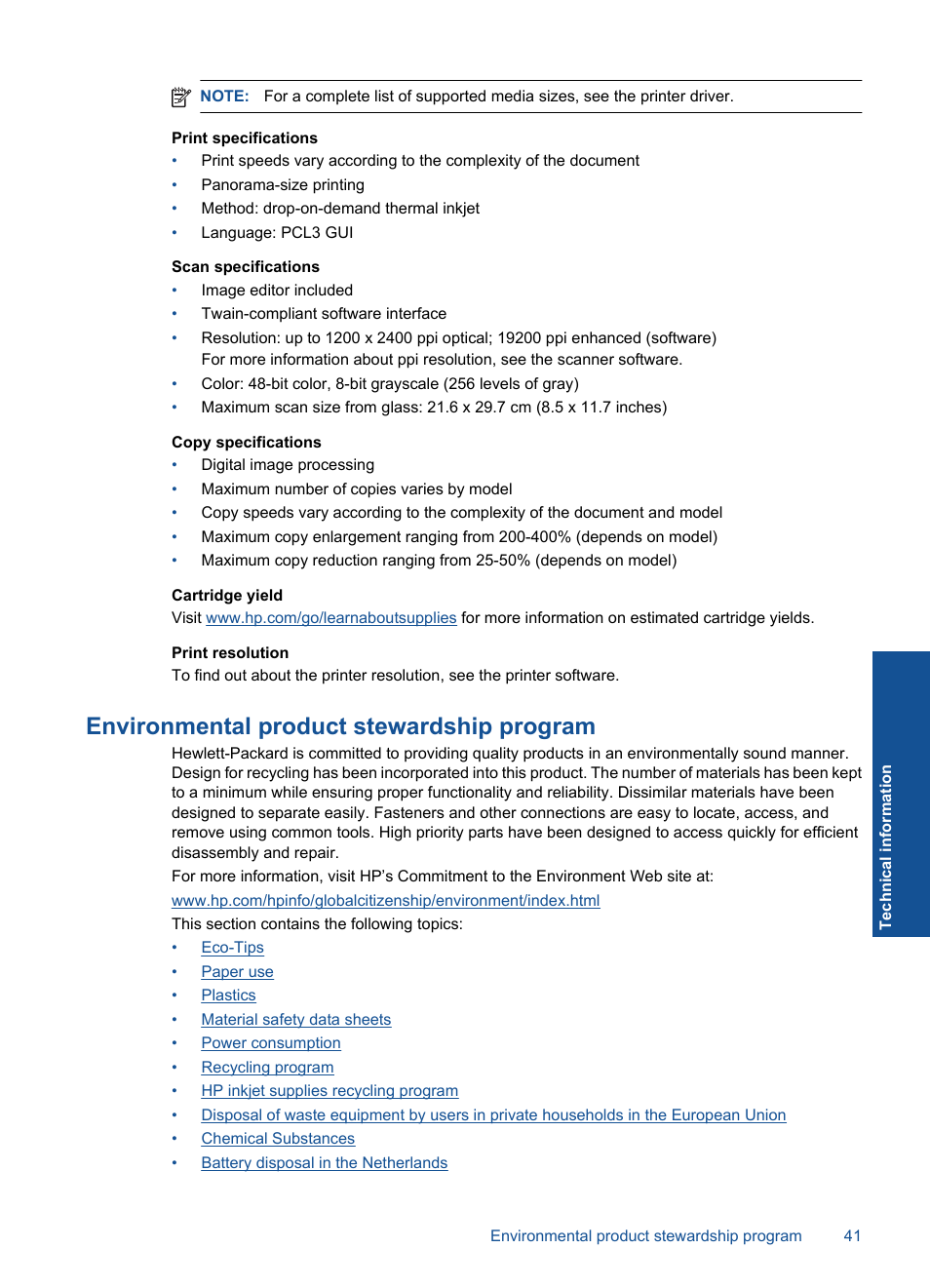 Environmental product stewardship program | HP Photosmart Wireless e-All-in-One Printer - B110e User Manual | Page 43 / 56