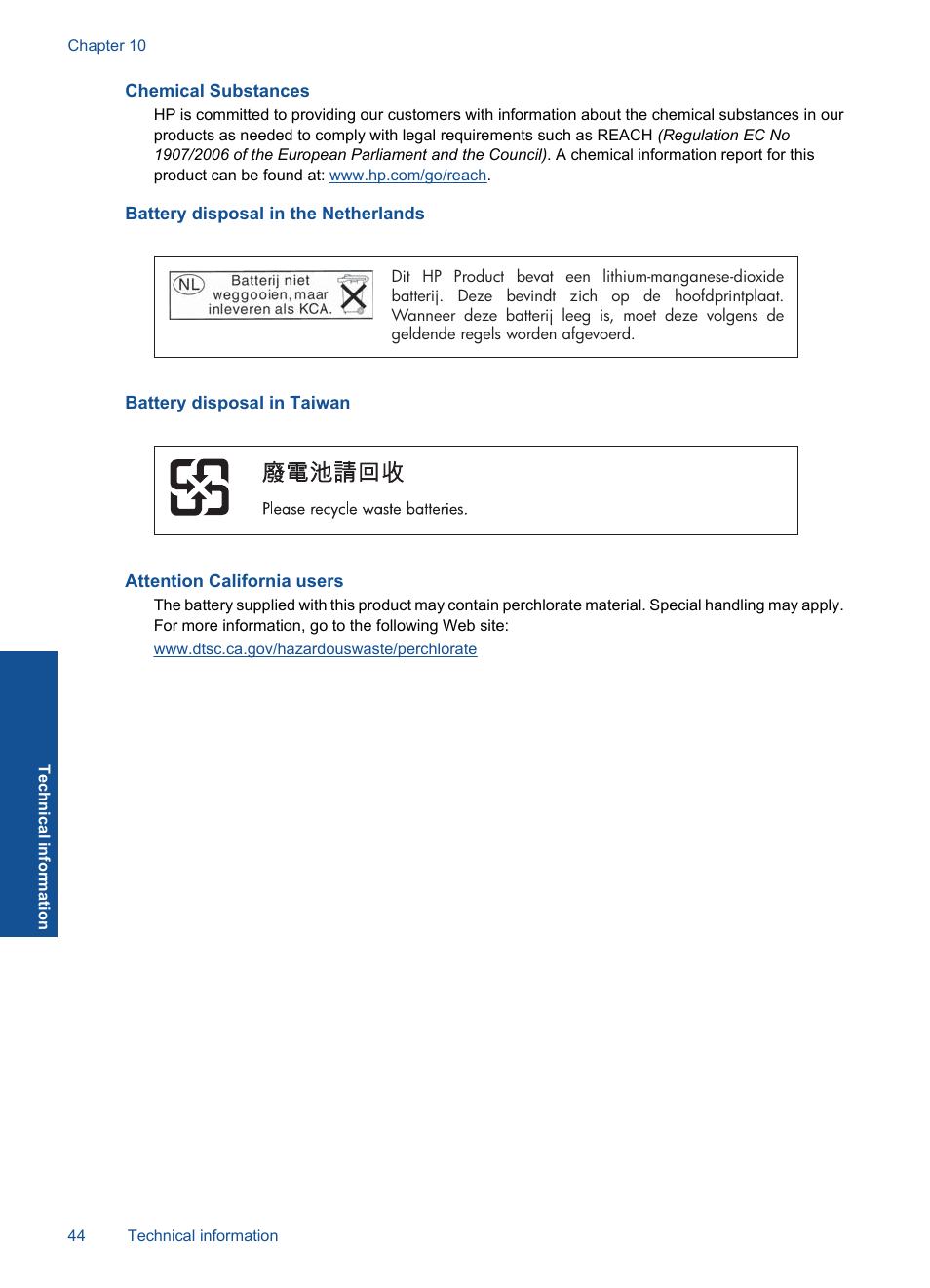 Chemical substances, Battery disposal in the netherlands, Battery disposal in taiwan | Attention california users | HP Photosmart Wireless e-All-in-One Printer - B110e User Manual | Page 46 / 56