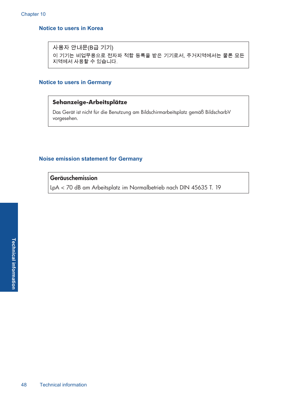 Notice to users in korea, Notice to users in germany, Noise emission statement for germany | HP Photosmart Wireless e-All-in-One Printer - B110e User Manual | Page 50 / 56