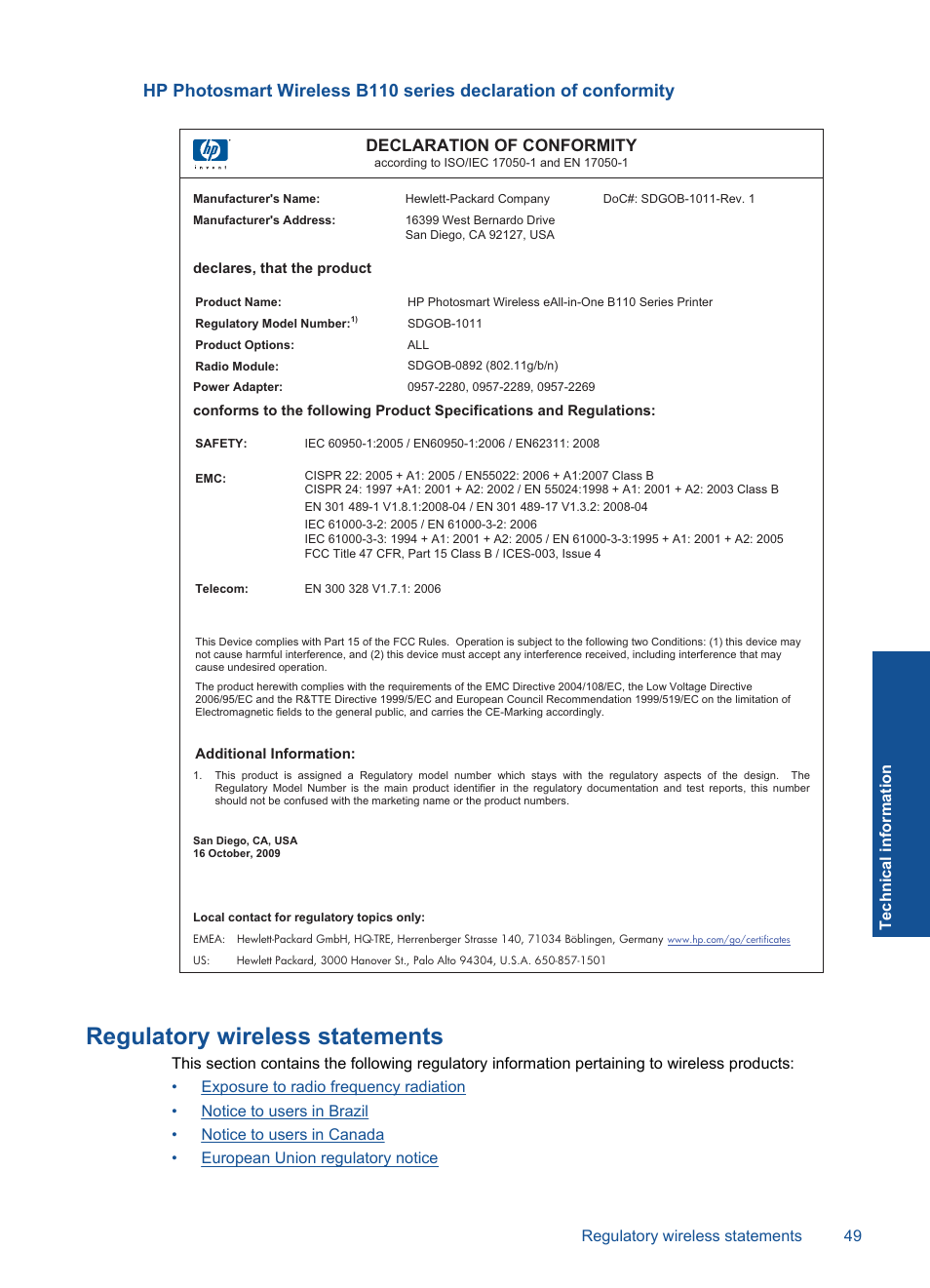 Regulatory wireless statements, Declaration of conformity | HP Photosmart Wireless e-All-in-One Printer - B110e User Manual | Page 51 / 56