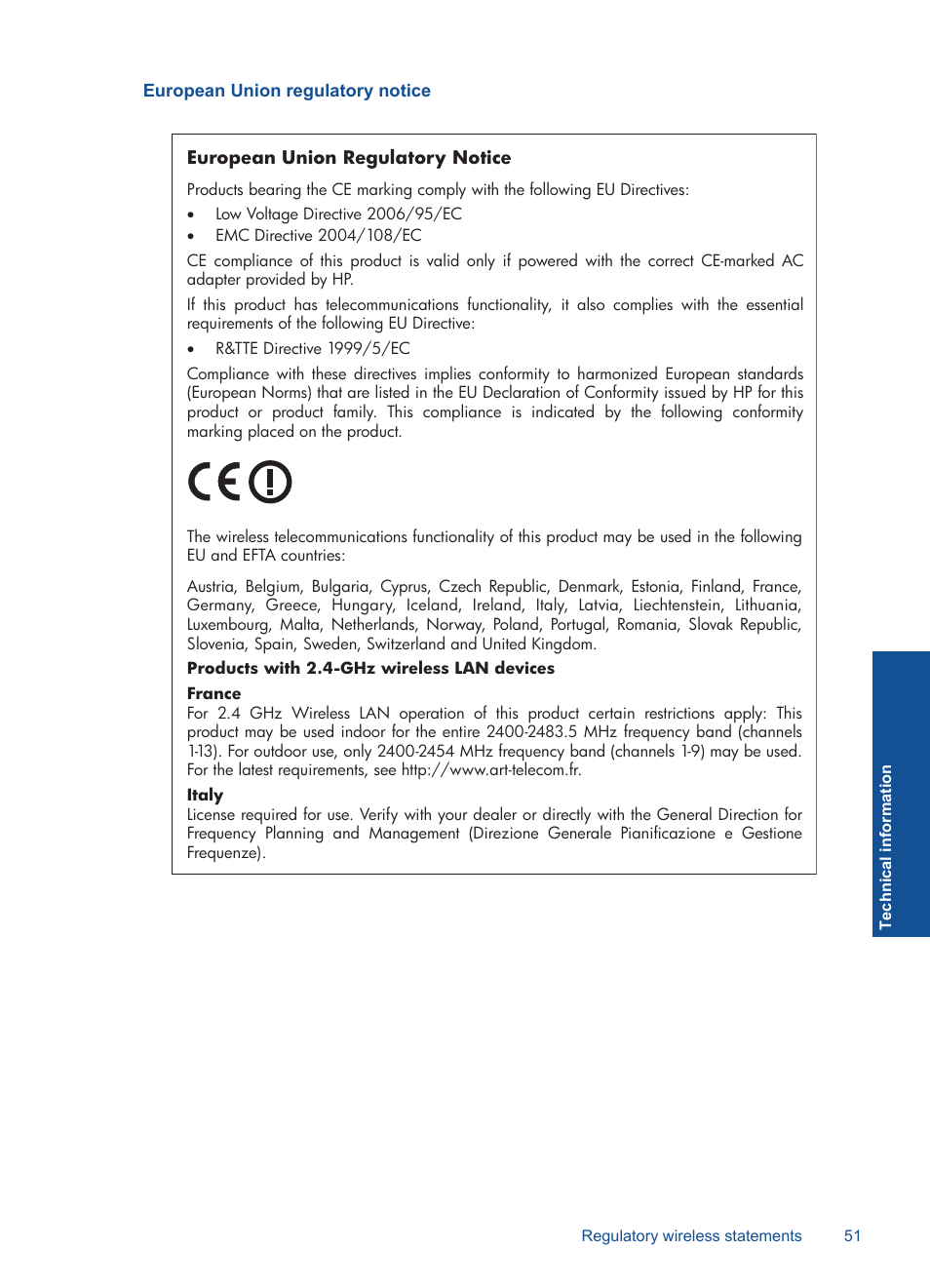 European union regulatory notice | HP Photosmart Wireless e-All-in-One Printer - B110e User Manual | Page 53 / 56