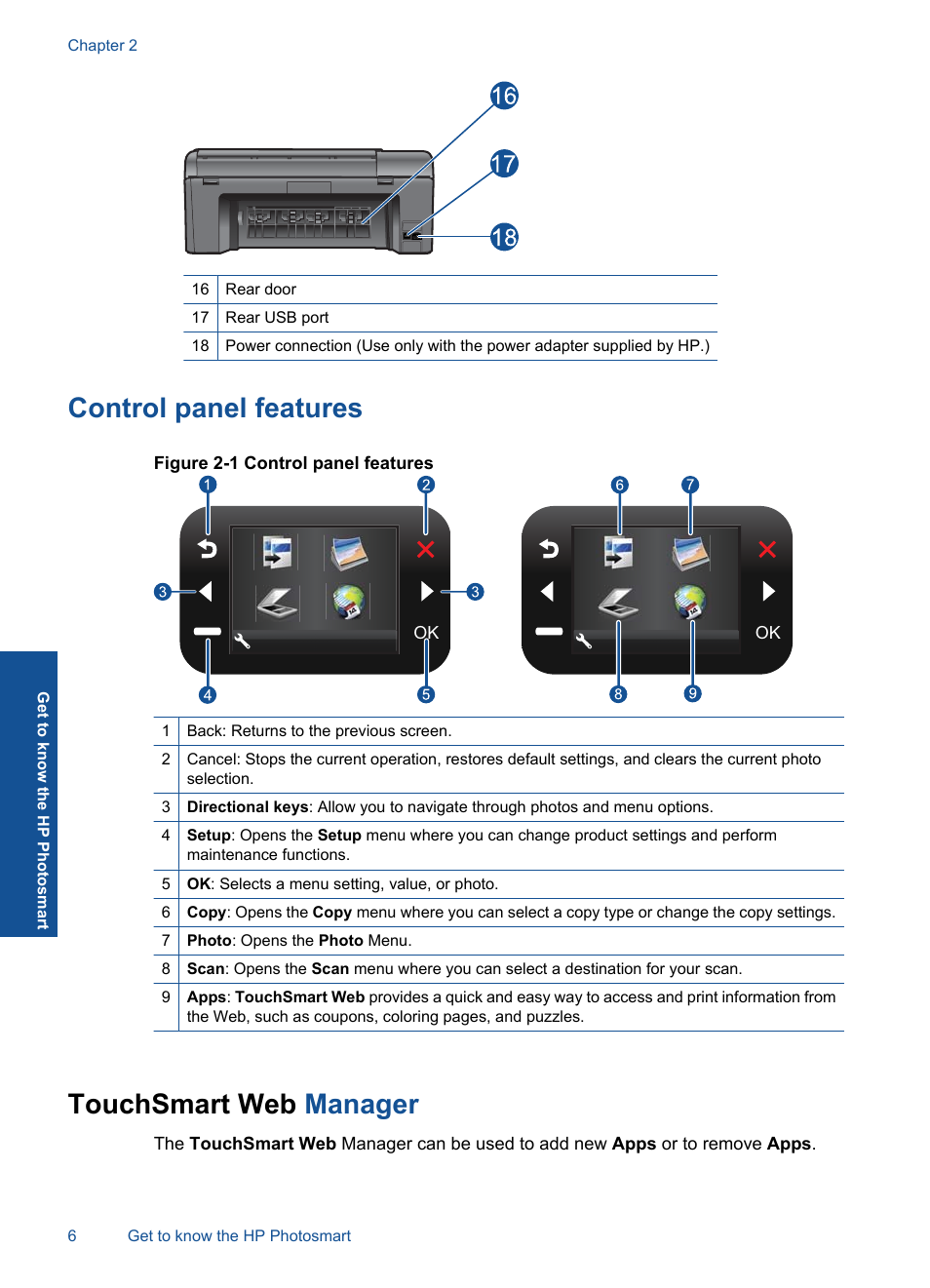 Control panel features, Touchsmart web manager, Control panel features touchsmart web manager | HP Photosmart Wireless e-All-in-One Printer - B110e User Manual | Page 8 / 56