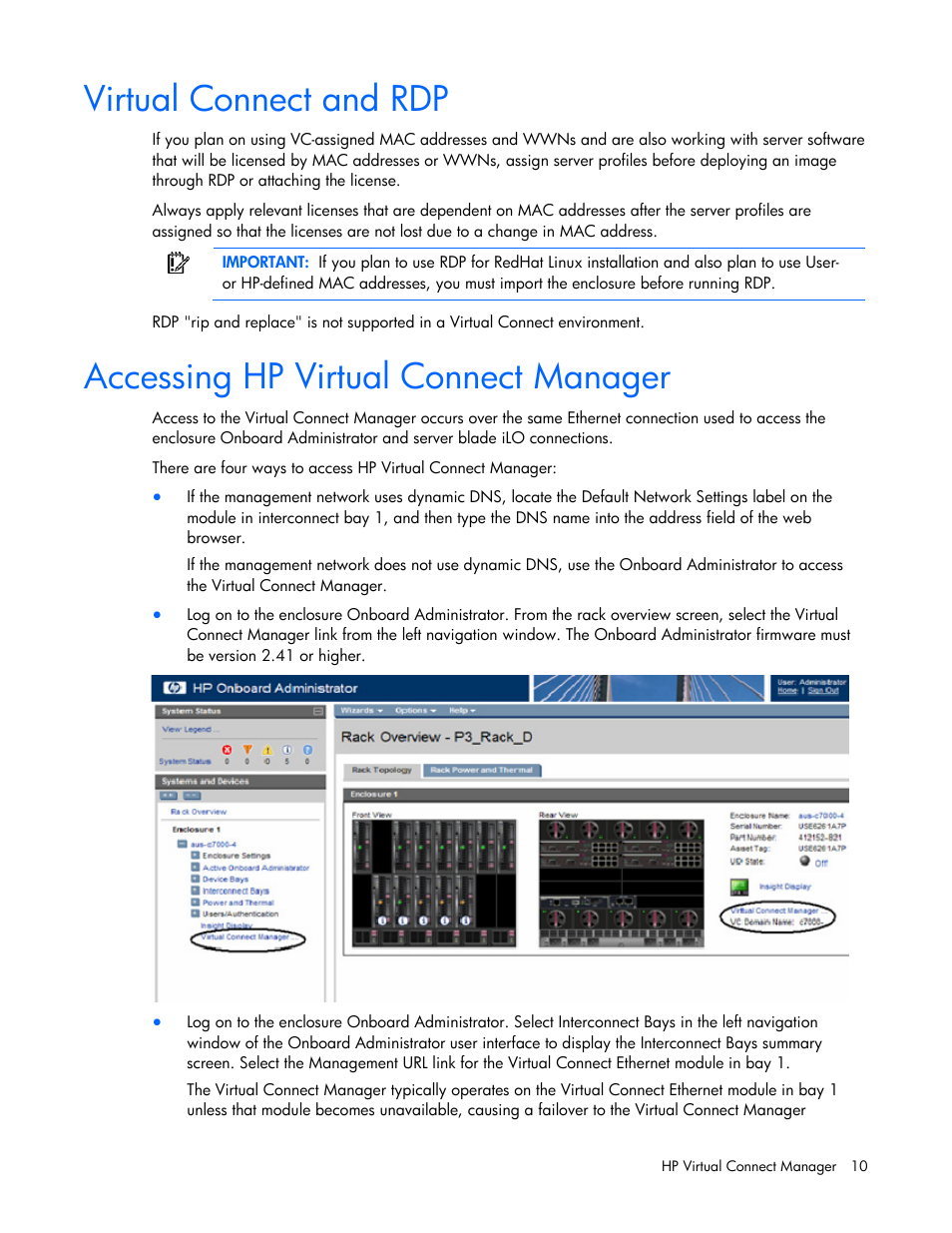 Virtual connect and rdp, Accessing hp virtual connect manager | HP Virtual Connect Flex-10 10Gb Ethernet Module for c-Class BladeSystem User Manual | Page 10 / 169