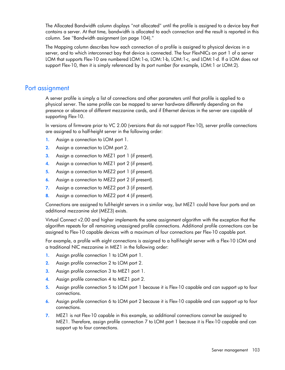 Port assignment | HP Virtual Connect Flex-10 10Gb Ethernet Module for c-Class BladeSystem User Manual | Page 103 / 169