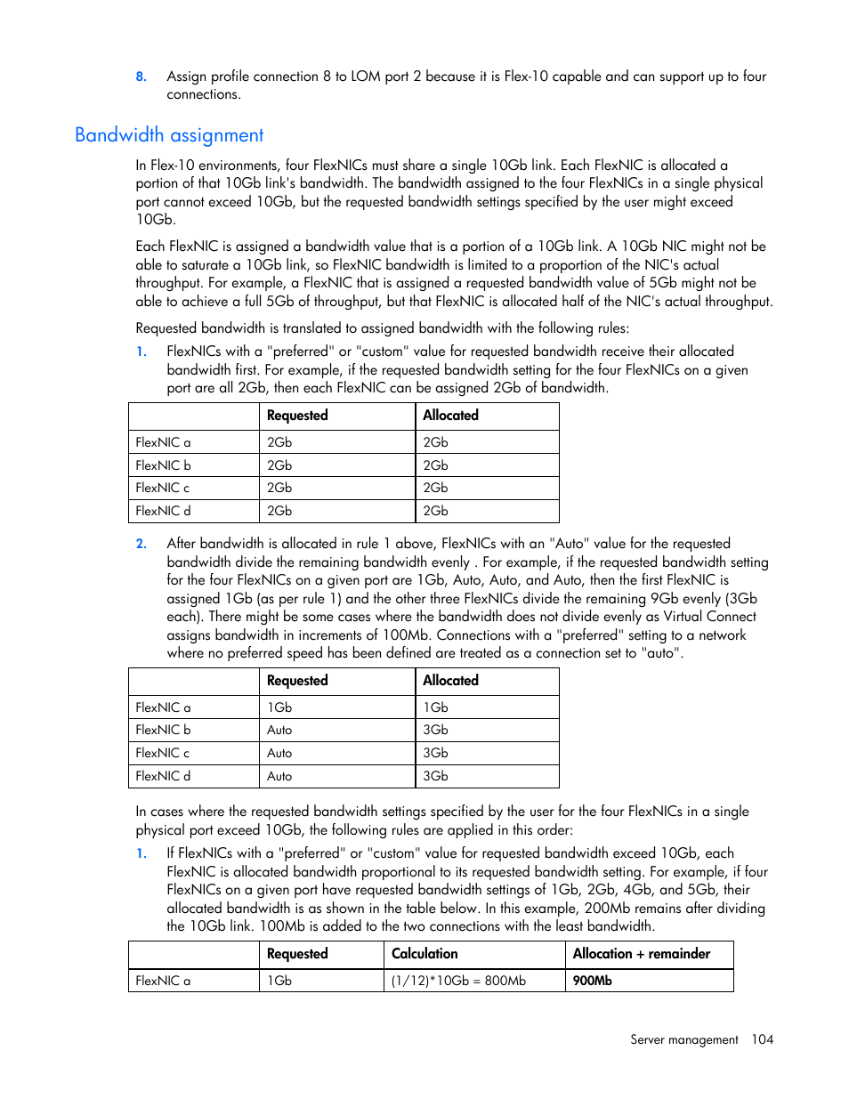 Bandwidth assignment | HP Virtual Connect Flex-10 10Gb Ethernet Module for c-Class BladeSystem User Manual | Page 104 / 169