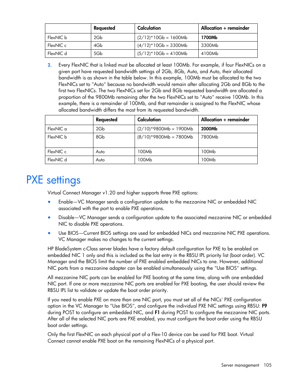 Pxe settings | HP Virtual Connect Flex-10 10Gb Ethernet Module for c-Class BladeSystem User Manual | Page 105 / 169